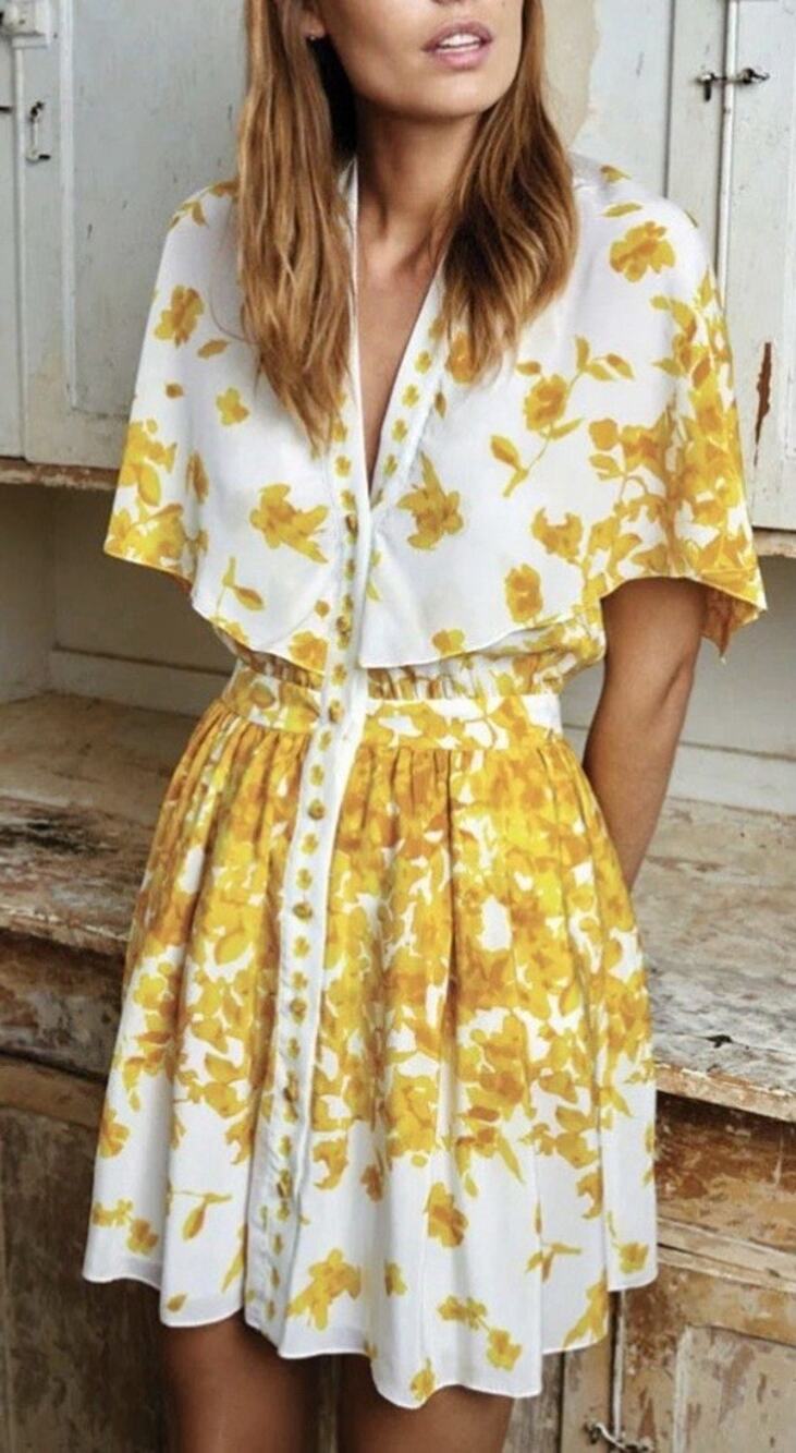 Alexis Etta Short Silk Dress Yellow Floral Adjustable Cape XS